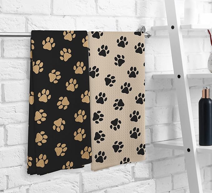 Black and Brown Dog Paws Kitchen Towels and Dishcloths Set of 2, Dog Paw Print Towels, Dog Dish Towels, Cute Dog Brown Hand Towels for Bathroom, Dog Paws Gifts for Dog Lovers Women,16×24Inch