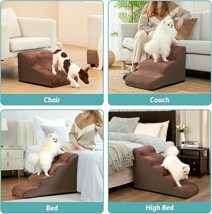 Dog Stairs for Small Dogs 19.7" H, Curved Dog Step for Puppy, Older or Cat, Medium Pet Ramp for Sofa, Couch or Bed, Ladder with High Density Foam, 4 Step, 15.7x28.3x19.7 inch, Brown