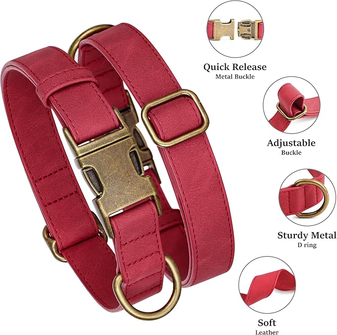 Didog Soft PU Leather Dog Collar, Stylish Quick Released Dog Collar for Large Dogs, Easy Clean Adjustable Pet Collar for Daily Walking, Red, L Fit 15-23" Neck
