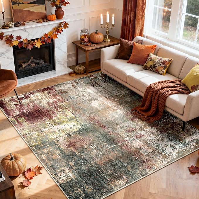 Washable Area Rugs 6'x9' Non-Slip Modern Abstract Soft for Living Room Entryway Bedroom Nursery, Print Pattern, Brown Rust Red Green Blue Multi