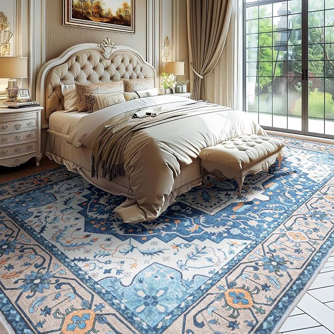 Lessymo Washable Area Rugs 6x9- Boho Area Rug Low Pile for Bedroom Living Room Kitchen, Ultra-Soft Faux Wool Vintage Area Rug with Non-Slip Rubber, Kid & Pet Friendly, Blue Brown