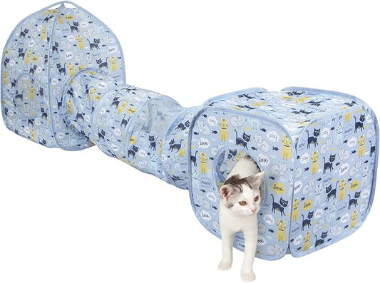 Kitty City Blue Cat-Themed Cat Play Furniture Set, Collapsible Pop-Up Cat Toys Combo with Cube, Tunnel & House, Indoor Cat Playground for Play, Hiding & Lounging