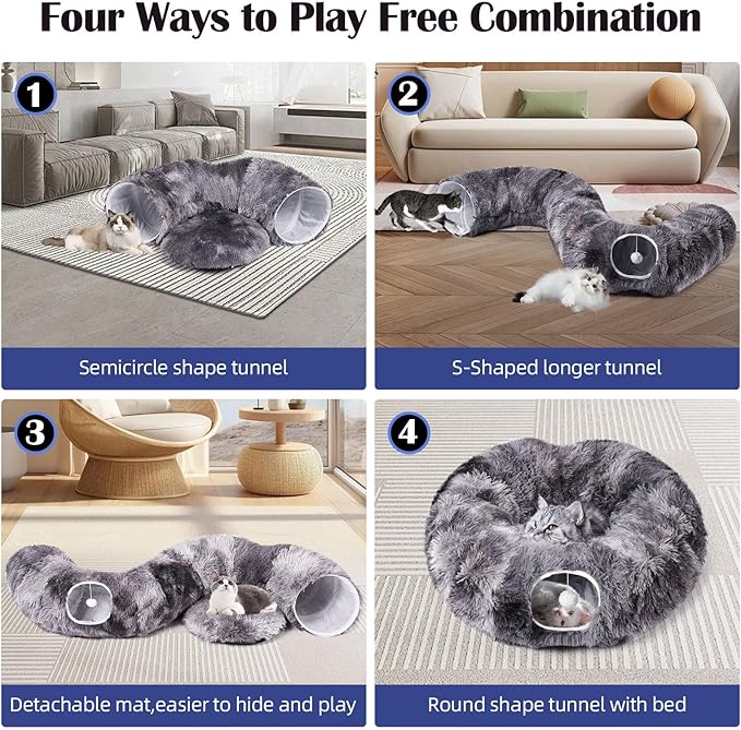 Odoland Cat Tunnel Bed with 20 Cat Toys - Indoor Plush Kitten Couch,Detachable Cats Cave Donut Tunnel & Soft Kitten Toy Set-Cozy Cat Furniture Black