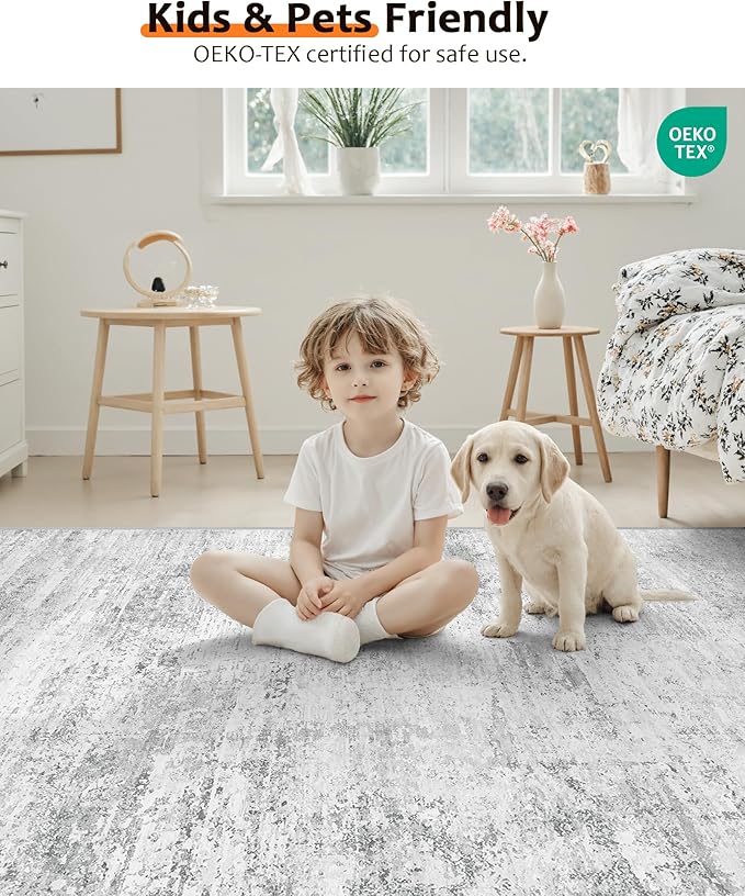 Art&Tuft 9x12 Area Rug, Anti-Slip Backing Abstract Area Rugs 9x12 Living Room, Stain Resistant Large Area Rugs for Living Room, Foldable Machine Washable Rugs (9'x12', 01-Grey)
