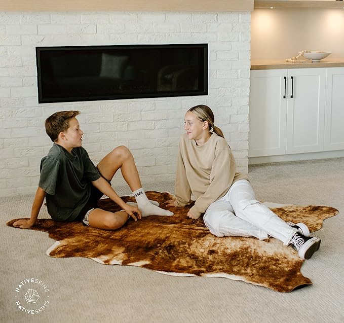 NativeSkins Faux Cowhide Rug ??Brindle (Oversized) | 6.2ft x 8.2ft | Cow Print | Western Bedroom Decor | Hand-Cut, Faux Suede No-Slip Backing | Western Rug | Animal Print | Cow Hide