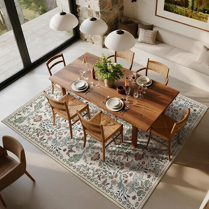 Floral Area Rug for Living Room: 8x10 Washable Soft Low Pile Thin Indoor Carpet, Non Slip Stain Resistant Vintage Flower Boho Accent Large Rugs for Bedroom, Dining, Home Office, Nursery - Beige