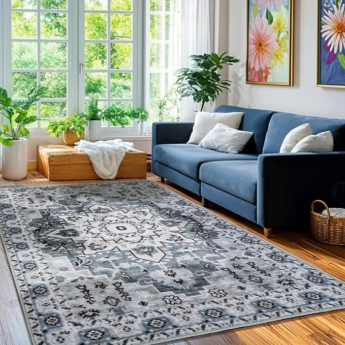 LBRO2M Boho 4X6 Rug Washable Rugs for Bedroom Non Slip Indoor Carpet, Soft Low Piles Rug Foldable Rugs for Living Room Pet Friendly Area Rugs Stain Resistant (4'X6' Dusty Blue)