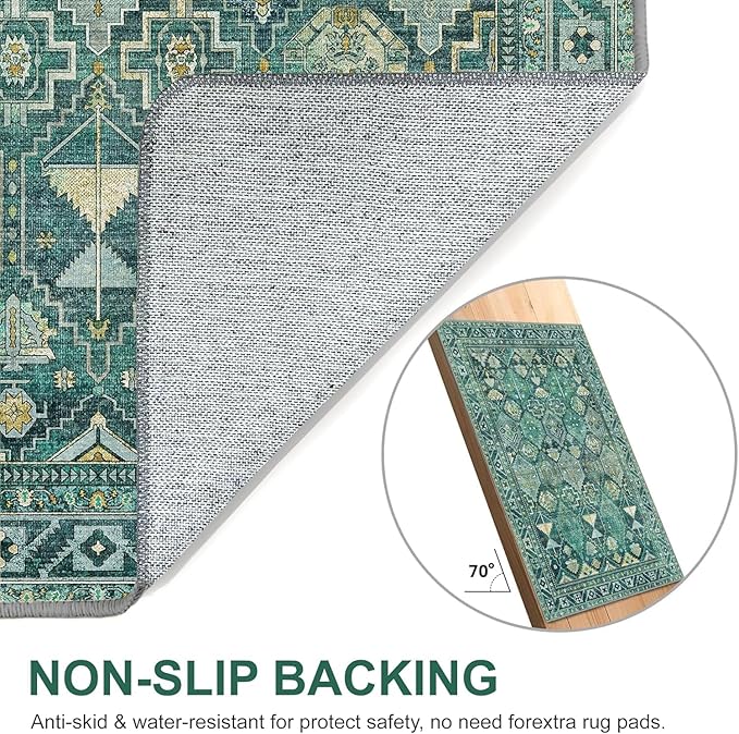 Bavni Washable Rug 6x9 Area Rug for Living Room Bedroom Dining, Washable Vintage Print Carpet, Ultra-Thin Chenille Low Pile Lightweight Rug with Non Slip Backing, Dark Green