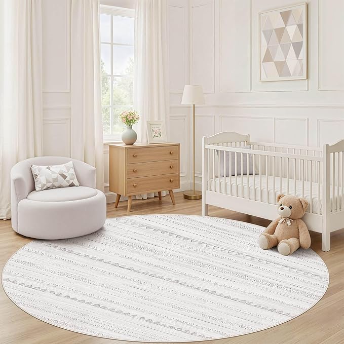 Nakagishi Round Rug Boho Area Rugs: 5x5 Washable Large Circle Neutral Soft Stain Resistant Non-Slip Carpet for Women Aged 25-45 Farmhouse Decor Enthusiasts - Living Room Bedroom Dining Room Nursery