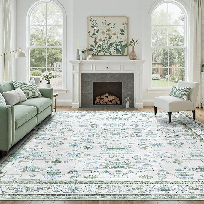 DCX Green 8x10 Rug, Kid & Pet Friendly with Rubber Back Non Slip, Machine Washable Stain Resistant Vintage Boho Floral Rug for Living Room, Bedroom, Soft Low Pile Large Nursery Carpet