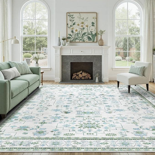 DCX Green 9x12 Rug, Kid & Pet Friendly with Rubber Back Non Slip, Machine Washable Stain Resistant Vintage Boho Floral Rug for Living Room, Bedroom, Soft Low Pile Large Nursery Carpet