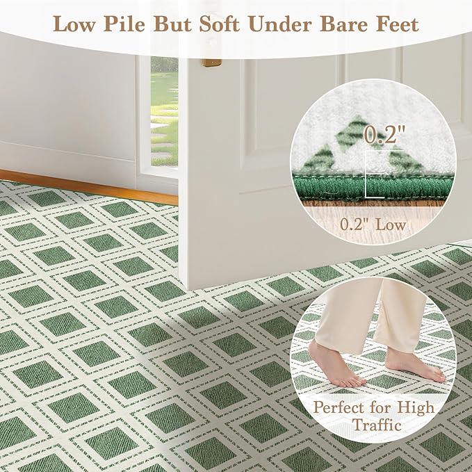 LBRO2M Checkered Rug 5X7 Washable Rugs for Living Room Bedroom Non Slip Rugs Easy Clean, Soft Low Piles Stain Resistant Carpet Geometric Area Rug Great for Pets and Family (5'X7' Green)