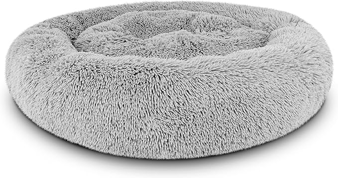 The Dog’s Bed Calming Plush Donut Dog Bed, Replaceable Zip Cover, Silver Grey Fur, Large