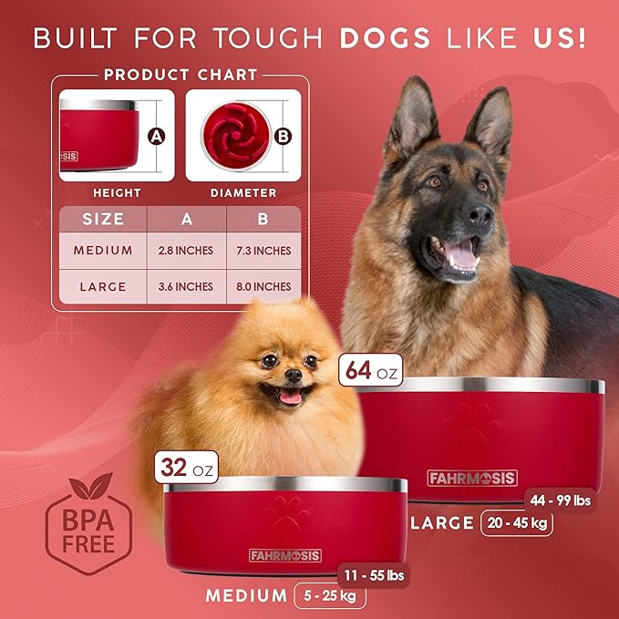 32 Oz Dog Bowl with Slow Feeder Insert Stainless Steel Pet Water Bowl for Medium & Large Breed Non Slip Rubber Base & Plastic Puzzle Feeder - Red