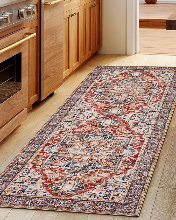 AMADA HOMEFURNISHING 2x6 Washable Runner Rug, Low-Profile Kitchen Rugs with Non-Slip Backing & Durable Edge Binding, Vintage Entryway Runner Rug for Bedroom & Hallway