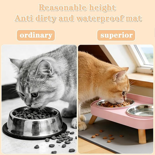 Elevated Cat Bowls with Food Mat, Splash Proof Anti Vomiting Raised Cat Food and Water Bowl Set, 2 Stainless Steel Dishes for Cats and Puppy, Pet Bowl for Indoor Cats Pink