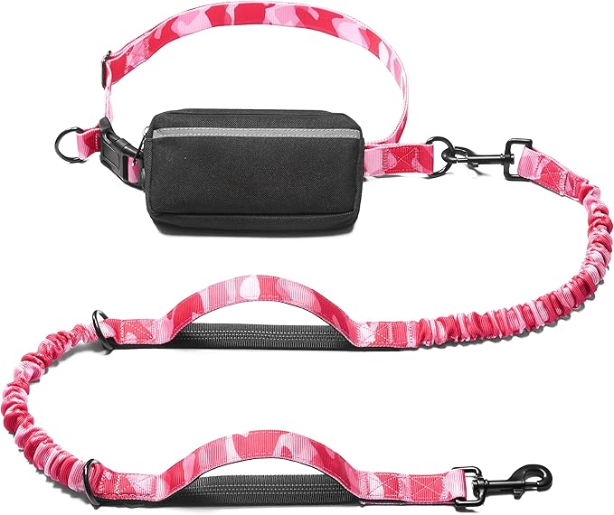 iYoShop Hands Free Dog Leash with Zipper Pouch, Dual Padded Handles and Durable Bungee for Walking, Jogging and Running Your Dog (camo Pink, Large)