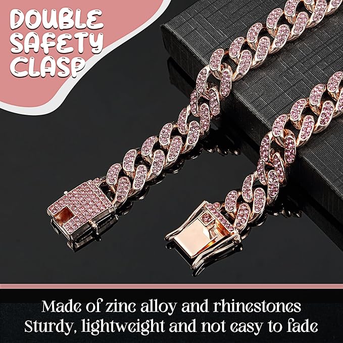 LEIFIDE Dog Chain Collar Diamond Link Puppy Collar 12 mm Wide Dog Necklace Metal Cat Chain Pet Crystal Necklace Jewelry Accessories for Small Medium Large Pet(12 Inch,Rose Gold, Pink)