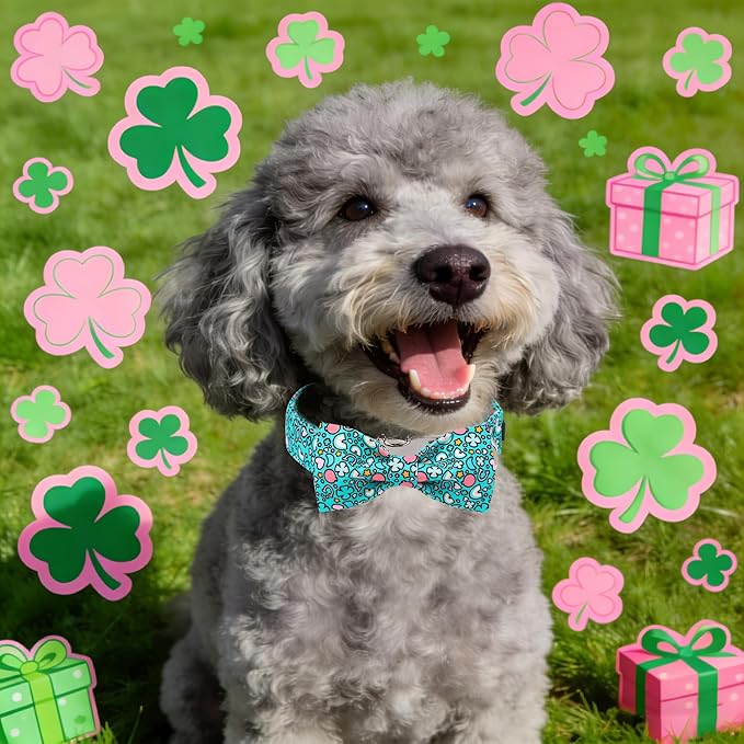 Maca Bates St. Patrick's Day Shamrock Dog Collar,Fancy Bow Tie,Large Girl Boy Dogs,Cute Rainbow,Four Leaf Clover Pattern,Adjustable Durable Soft Collars Irish Gift for Male Female Puppy