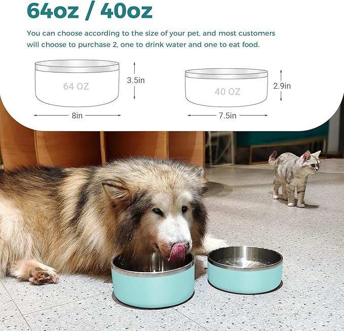 Dog Bowl, Stainless Steel Dog Food and Water Bowl with Non Slip Quiet Bottom, Easy to Clean, Dishwasher Safe, 64oz, Mint Green