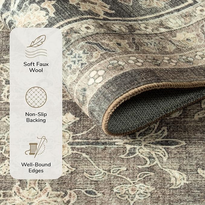 Lessymo 6x9 Area Rugs for Living Room, Machine Washable Non Slip Rug, Soft Low Pile Carpet for Bedroom Dining Home Office, Vintage Brown Distressed Floral Floor Mat