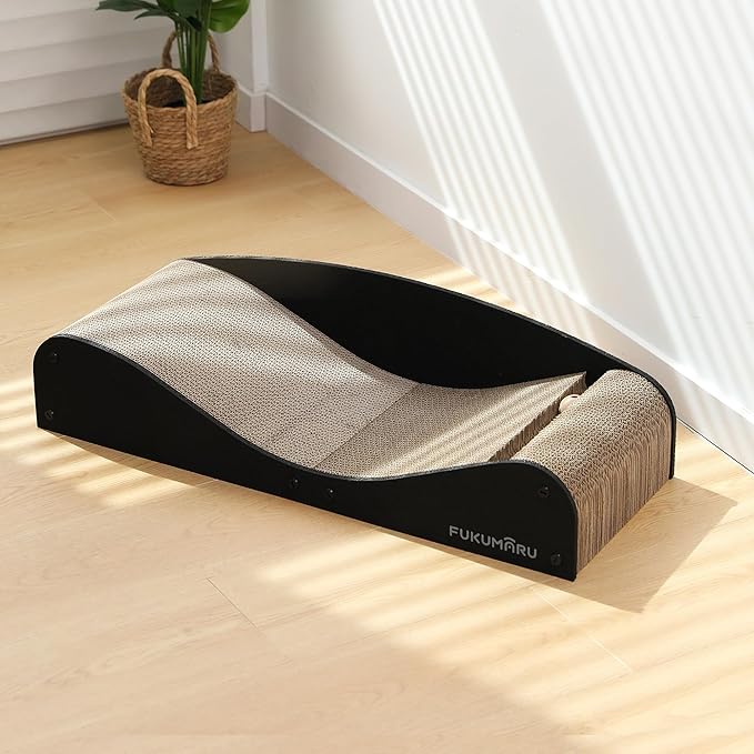 FUKUMARU Cardboard Cat Scratcher Bed, Extra Long 29.1 Inch Cat Scratch Bed Couch Indoor, Natural Felt Multifunctional Cats Scratching Lounger, Horizontal Kitten Cats Scratch Pad with Ball Toy, Black