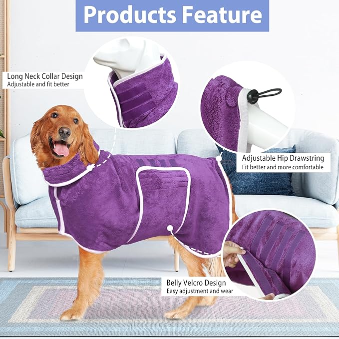 Dog Bathrobe Towel Dog Drying Coat - Super Absorbent Towels Bath Robe for Dogs Large, Soft Adjustable Collar & Belly Strap Fast Drying Coat Pet Cat Bath Robe (Violet, X-Large)
