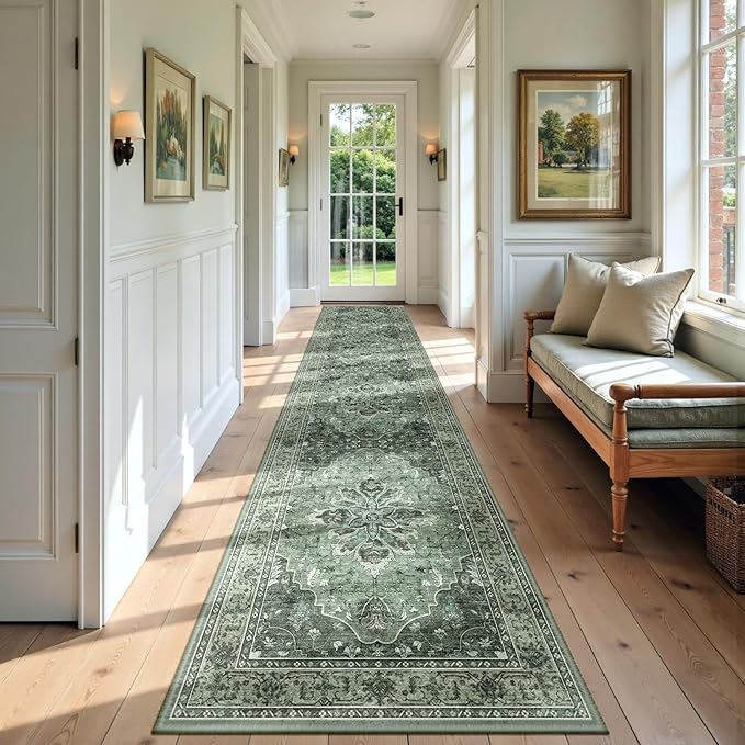Area Rugs 2'6''x12' Runner Rug Non Slip Washable for Kitchen Hallway Bedroom Beside Laundry Room Bathroom Rug, Floor Carpet, Dark Green Gray