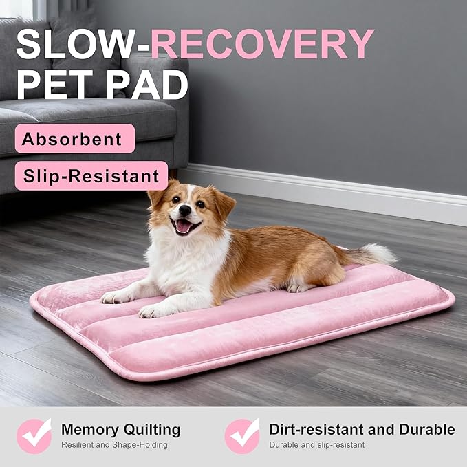 Dog Bed Mat, Reversible Dog Crate Pad with Washable Kennel Mat and Soft Foam, Flat Pet Bed for Dogs & Cats, for Crates Carriers & Travel (Pink, 28" L*16" W*1.5" Th)