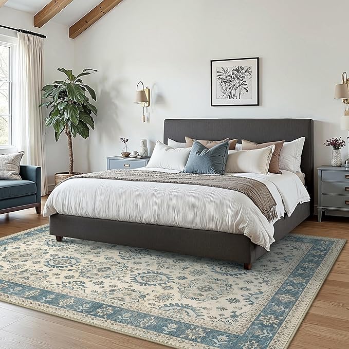8x10 Area Rug Machine Washable Boho Rug for Living Room,Ultra-Thin Low Pile Carpet,Lightweight Indoor Printed Rug,Non Slip Floral Area Rug for Bedroom, Dining Room, Home Office,Blue
