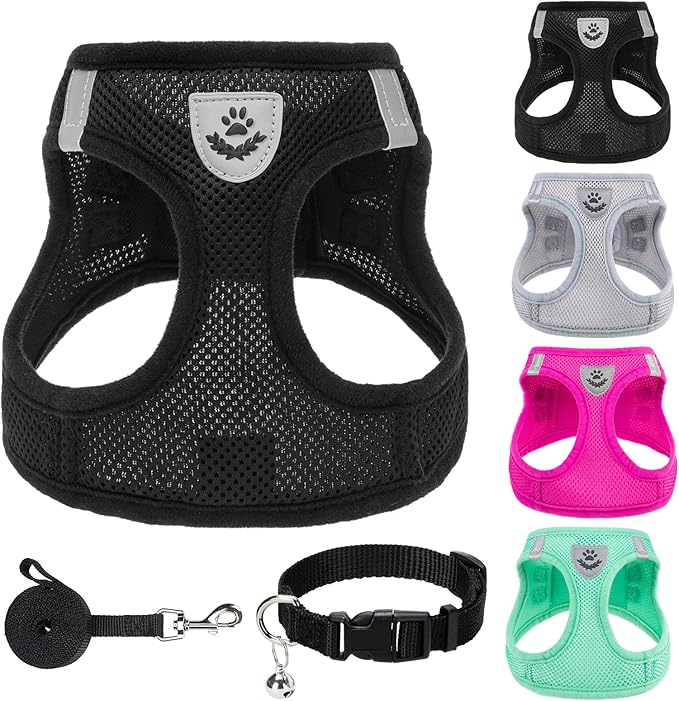 PUPTECK Adjustable Dog Harness Collar and Leash Set Step in No Pull Pet Harness for Small Medium Dogs Puppy and Cats Outdoor Walking Running, Soft Mesh Padded Reflective Vest Harnesses, Solid Black M