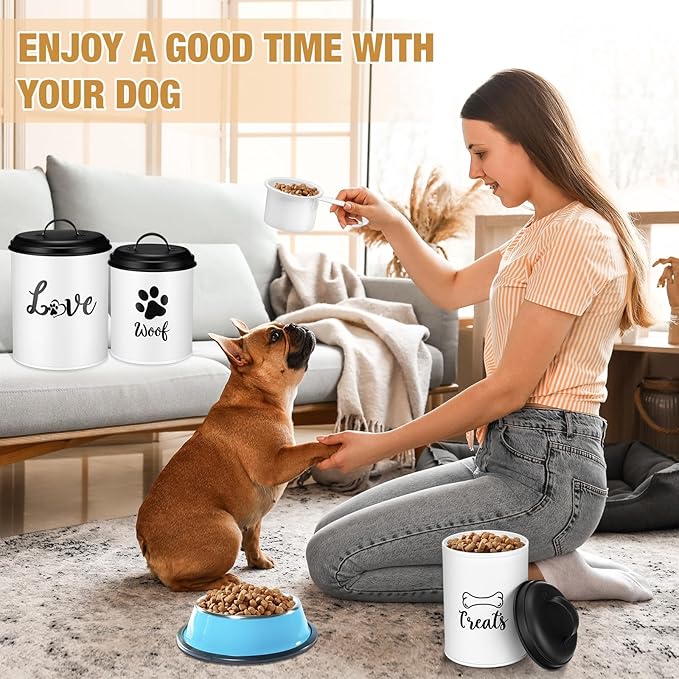 Dog Food Containers Set of 3 with Lids and Spoon Airtight Metal Dog Treat Snack Jars with DIY Labels Big Pet Cookie Storage Jar for Farmhouse Kitchen Counter(White)