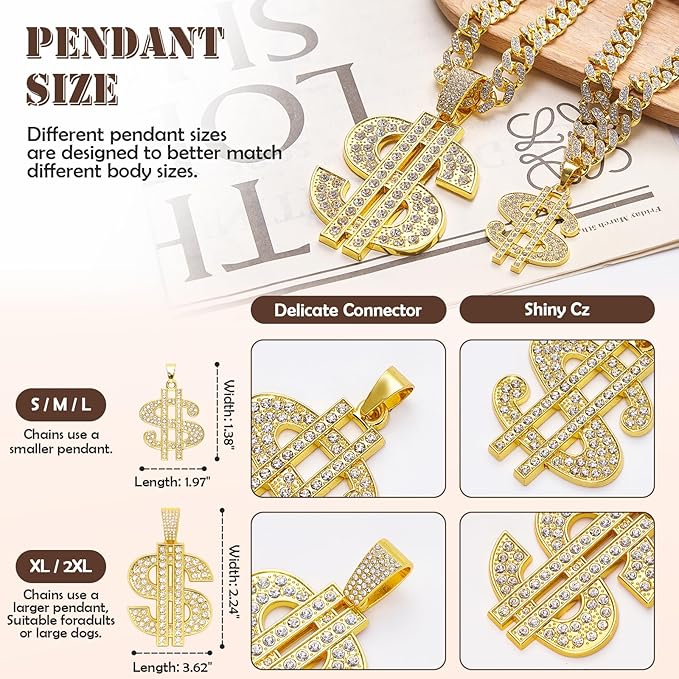 Evoolyn Dog Collar Diamond Gold Plated Cuban Link Chain Glitter Necklace with Dollar Pendant Matching Pet Owner Styles Available Hip Hop Pet Accessories for Dog & Cat (Gold, 45cm)