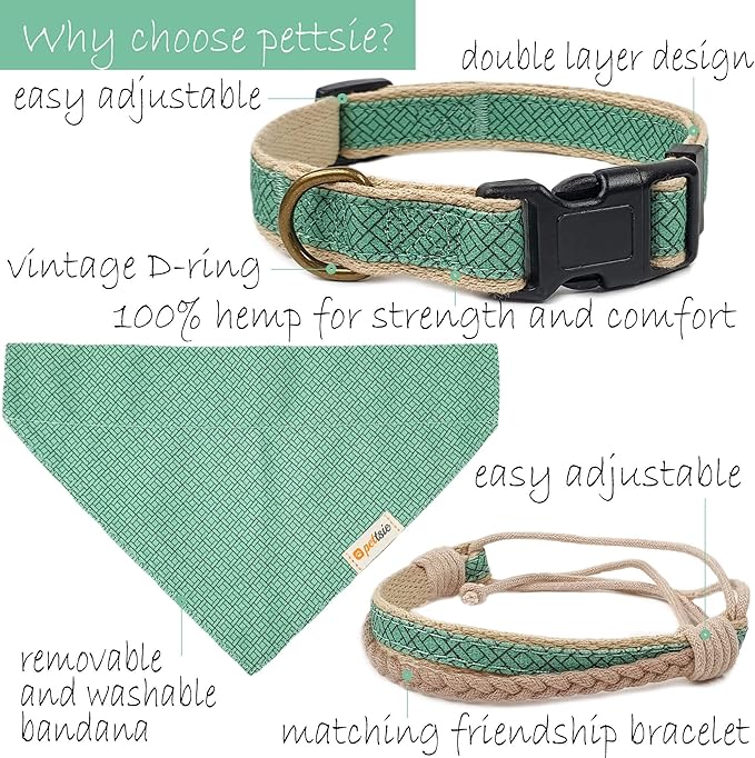 Pettsie Dog Bandana Collar with Matching Friendship Bracelet – Adjustable, Durable Hemp & Soft Cotton, Stylish & Comfortable Pet Bandana, Designed for Dog Lovers, Small, Green