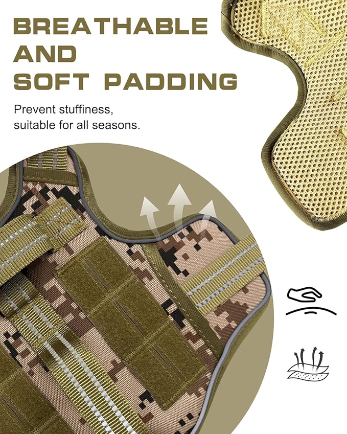 Dog Harness for Large Dogs Heavy Duty, No Pull Tactical Dog Harness with Molle System, Easy On and Off Service Dog Vest, Breathable Padded, Adjustable Reflective Pet Vest for Walking Hiking Training