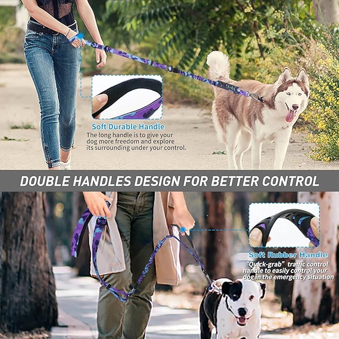 Hotsky Tactical Dog Leash Heavy Duty for Medium Large Dogs That Pull,4-6Ft Strong Bungee Shock Absorbing No Pull Dog Leash with Padded Double Handle and Car Seatbelt,Purple Camo