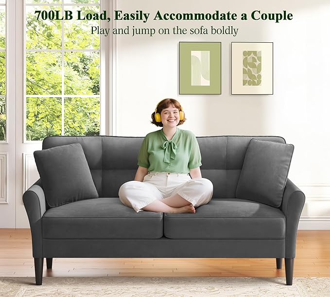69" Loveseat Sofa, Velvet Small Couches for Small Spaces, Love Seat Couches with 2 Pillows, Tool-Free Setup Loveseats, 700lb Load Sofas for Living Room, Mini Couch for Bedroom, Comfy Sofa Couch, Grey
