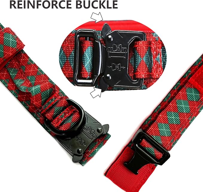 Christmas Tactical Dog Collar Adjustable Nylon Dog Collar Metal Buckle with Handle for Dog Training (Christmas Green XXL)