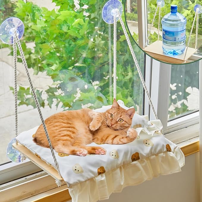 Cat Window Perch, Heavy Duty 20KG/44LB Suction Cup Hammock Bed with Soft Cushion, Secure & Stable Window Mount for Lazy Time, Bird Watching, Safe for Large Cats, 18.9"x14.5" (Yellow Duck)