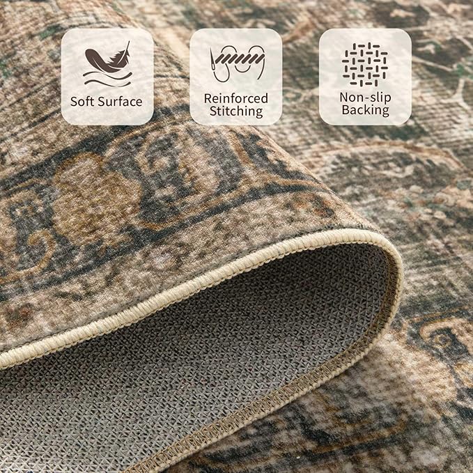Area Rugs for Living Room Bedroom, Washable Rug, Brown Vintage Retro Boho Rug, Non Slip & Low Pile Wool Thin Carpet for Indoor Dining Room, Kids Room and Office(Charcoal/Olive 4x6ft)