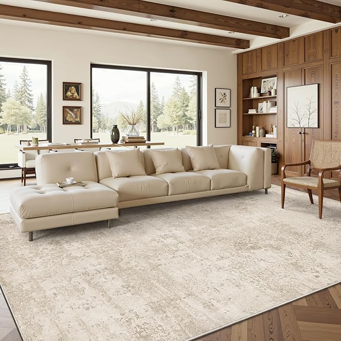 Art&Tuft Washable Rugs 9x12, Ultra Thin Anti-Slip Backing Abstract 9x12 Rug, Low Pile Stain Resistant Area Rugs for Living Room, Foldable Machine Washable Area Rug (9'x12', Beige)