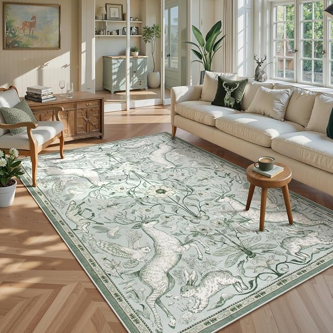 Lahome Boho Animal 5x7 Washable Living Room Area Rugs, Green Soft Rugs for Bedroom, Botanical Large Boho Non Slip Dining Room Carpet for Under Table Entryway Kitchen Office (5x7ft,Light Green)
