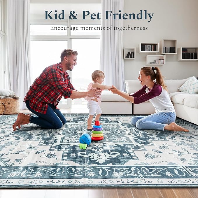 Rugflix 8x10 Area Rug for Living Room, Machine Washable Area Rugs with Non-Slip Backing, Large Soft Boho Vintage Rug for Bedroom, Dining Room, Traditional Thick Carpet, Kids Pet Friendly, Blue