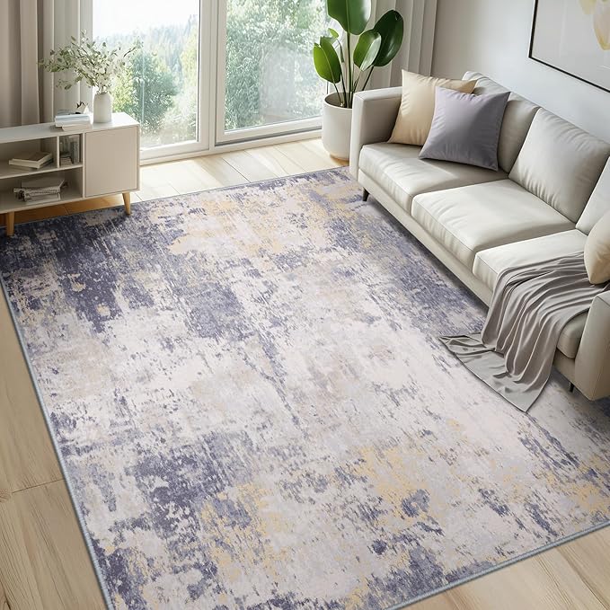 Washable Area Rugs 6'x9' Non-Slip Modern Abstract Soft for Living Room Entryway Bedroom Nursery, Print Pattern, Purple Grey Cream Yellow