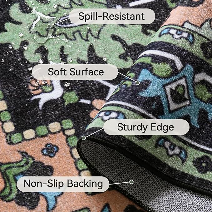 5x7 Area Rugs, Vintage Washable Area Rug for Living Room, Floral Boho Area Rugs for Bedroom, Office, Non-Slip Colorful Rug, Traditional Vintage Style, Plush Low-Pile Soft Carpet, Dark Green