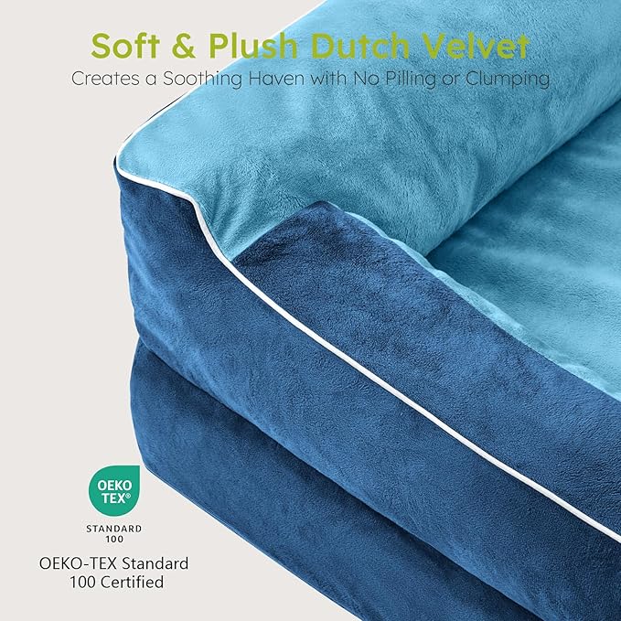 Extra Large Dog Bed, Orthopedic Dog Bed with Cooling Gel Memory Foam, Waterproof XL Pet Bed with Removable Washable Cover, 42" Pet Sofa Couch Dutch Velvet with Bone Toy, Navy Blue