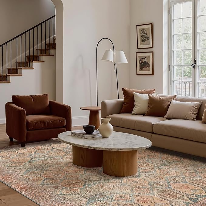 GENIMO 5x7 Area Rugs for Living Room, Machine Washable Vintage Non Slip Rugs, Low Pile Lightweight Chenille Print Rug for Bedroom, Dining Room, Home Office, Vintage Clay
