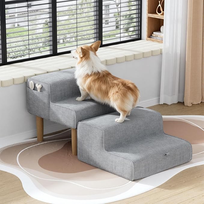 PakaLife Dog Ramp Ottoman,2-in-1 Dog Steps for Bed&Couch,Foldable Solid Wood Pet Ramps&Dog Stairs for Small,Medium Senior Dogs & Old Cats to get on Bed,Washable Cover,135lb Capacity
