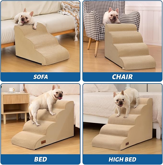 Dog Steps for Bed, 4-Step Dog Stairs Ramp for Small Dogs and Cats, Indoor Non-Slip Pet Stairs Suitable for Older, Short-Legged, and Puppy Dogs to Climb Onto High Beds and Couch, 17.4" H,Khaki