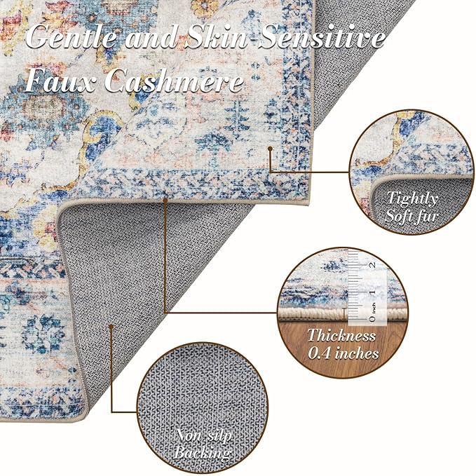 Area Rug 3횞5, Vintage Boho Rug,Ultra-Soft Low Pile, Washable, Non Slip,Stain Resistant Printed Carpet for Living Room Bedrooms Playroom Office Kitchen, Blue/Red